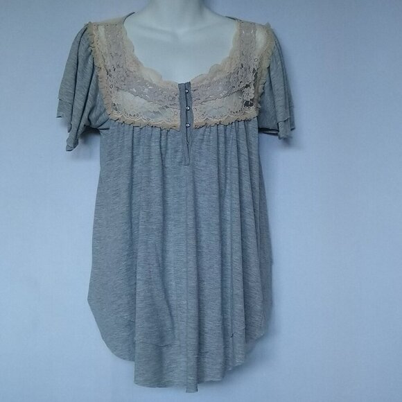 Free People Top Size Large Heathered Gray Vintage Ecru Lace Layered - Picture 1 of 4